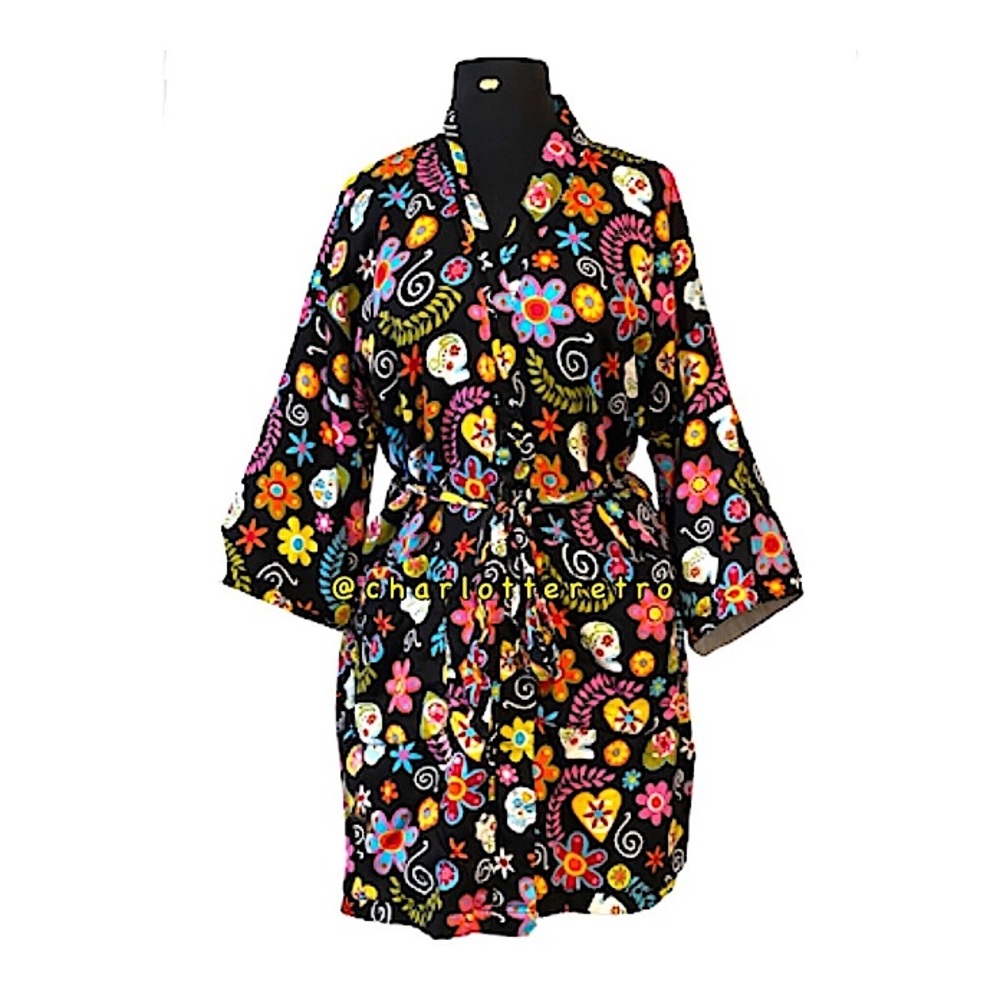 Sugar Skull Terry Lined Bath Robe w Belt